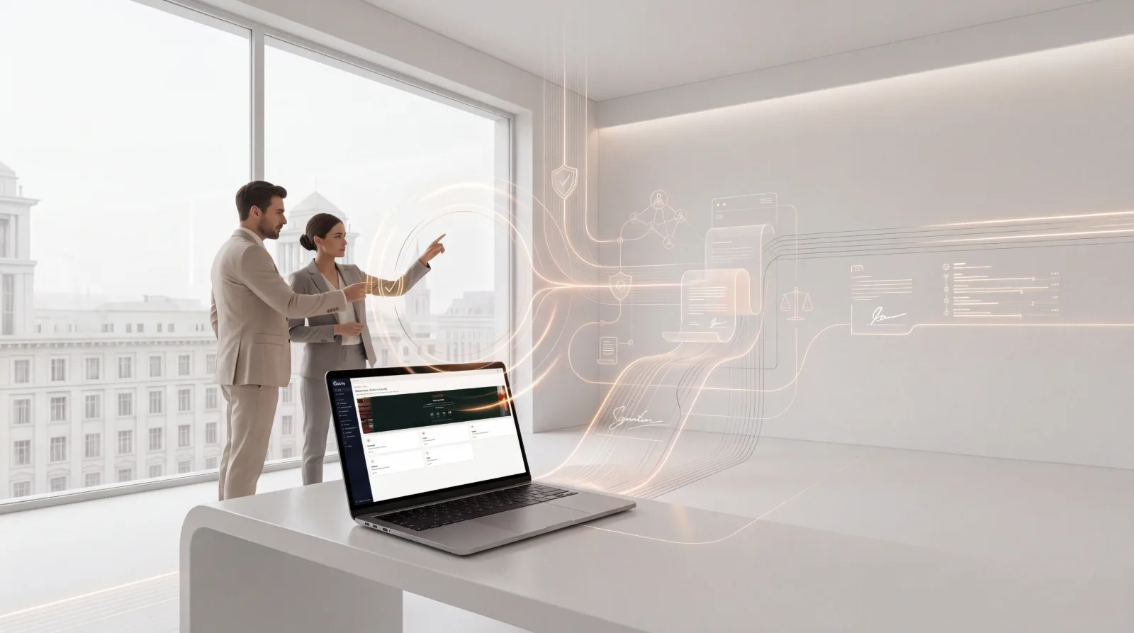 Due professionisti davanti a un portatile con l’interfaccia di Giurify