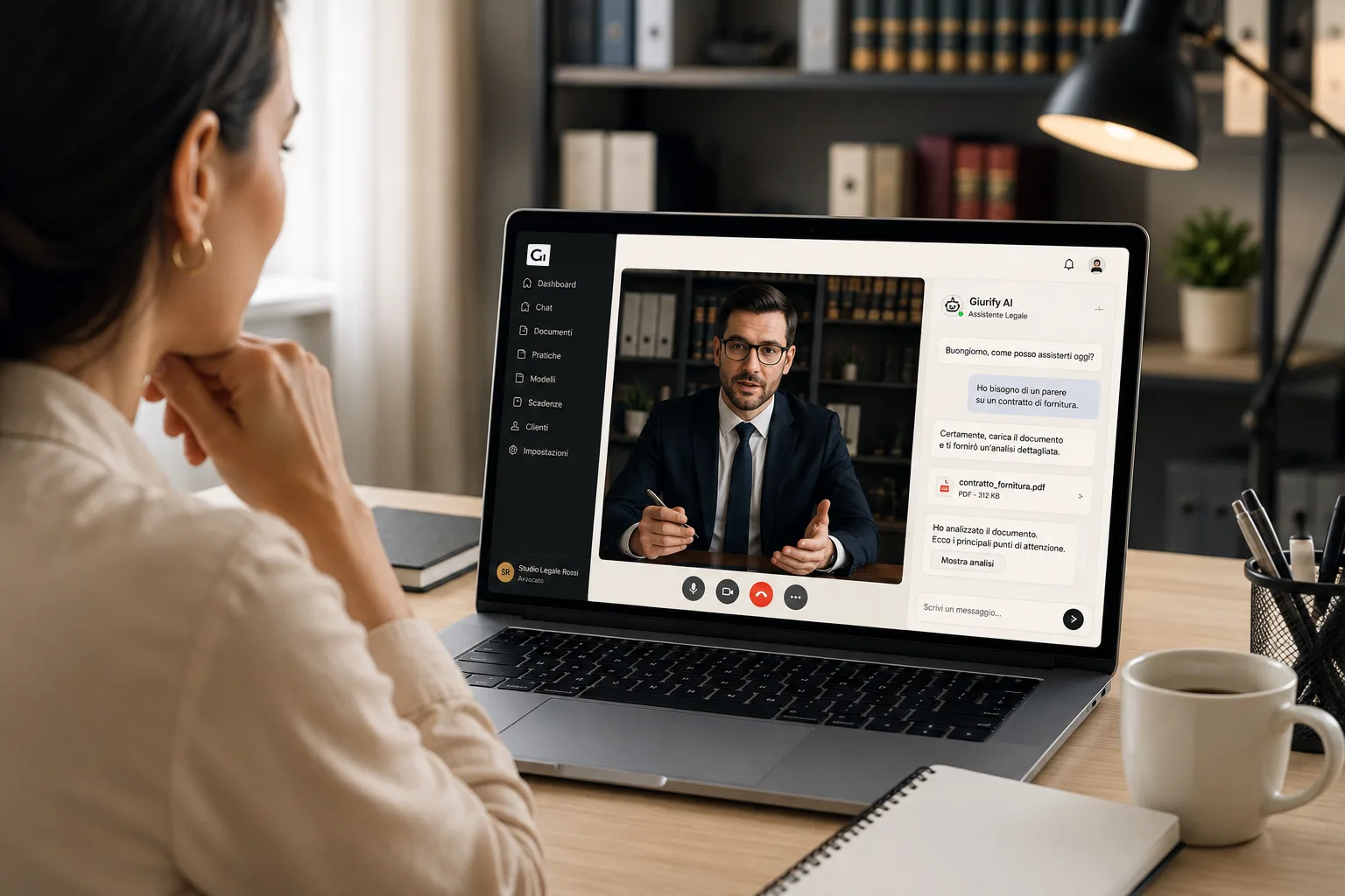 Una professionista in videochiamata con un avvocato sulla piattaforma