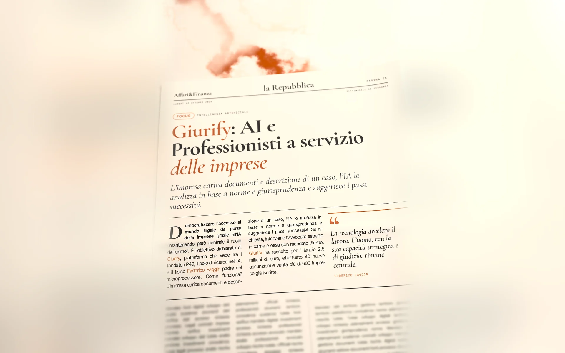 La pagina di Affari&Finanza con l’articolo su Giurify, su un tavolino di marmo